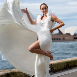 Woman wearing a stunning Roya Javaheri wedding dress