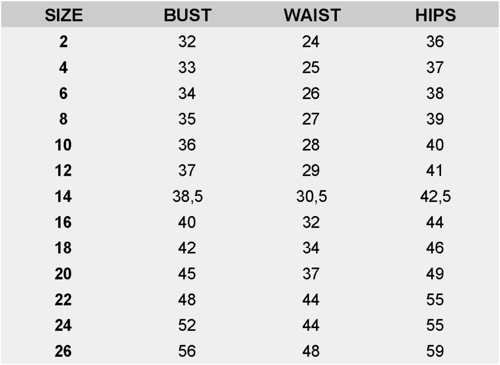 Size Charts inches