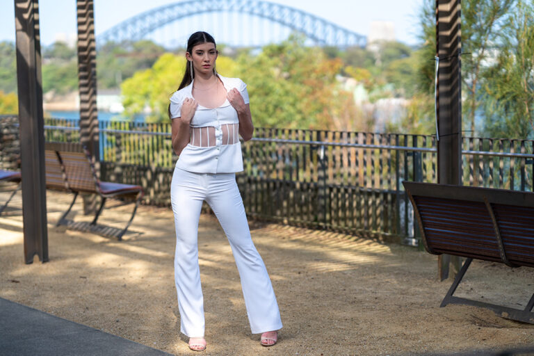 a woman in white outfit